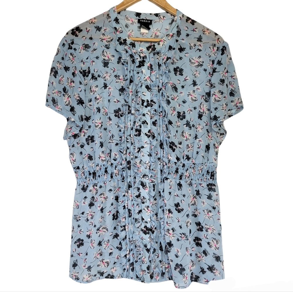 Torrid Womens 2X Baby Doll Blouse Floral Smocked Waist Button Front Sheer Blouse